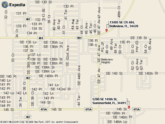 map with addresses of the church and dance hall for the reception.